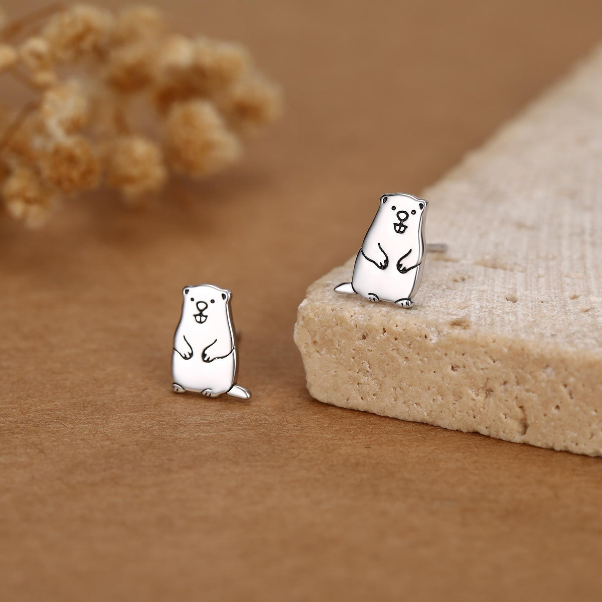 Groundhog Sterling Silver Stud Earrings, Silver or Gold or Rose Gold Finish, Small Beaver Dog Earrings, Nature Inspired Animal Earrings