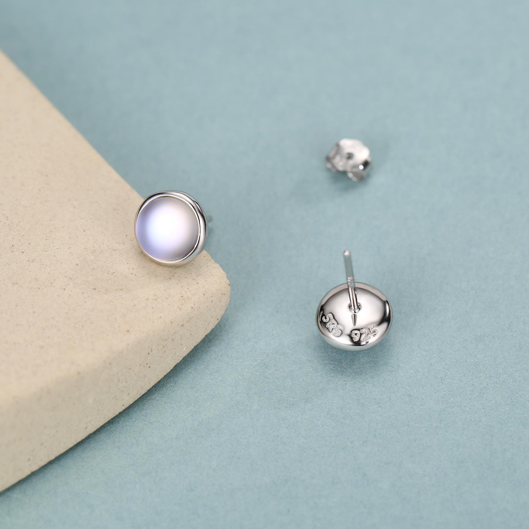 Blue Flash Lab Moonstone Crystal Stud Earrings in Sterling Silver, 4mm 5mm 6mm Simulated Moonstones, Minimalist Stud