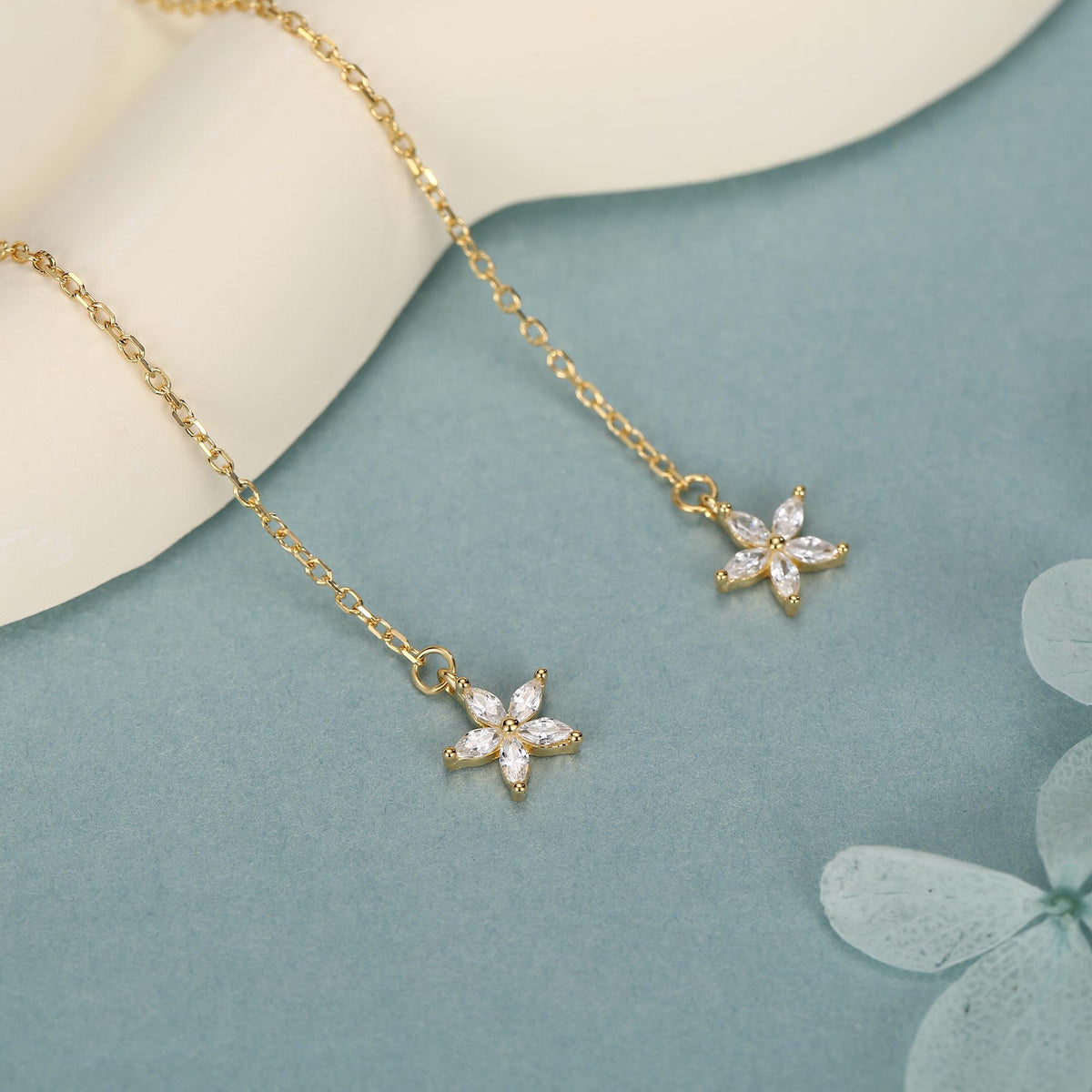 CZ Flower Threader Earrings in Sterling Silver, Silver or Gold, Forget-me-not Floral Ear Threaders, Sparkly CZ Threaders