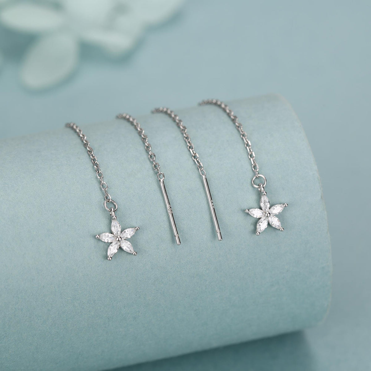 CZ Flower Threader Earrings in Sterling Silver, Silver or Gold, Forget-me-not Floral Ear Threaders, Sparkly CZ Threaders