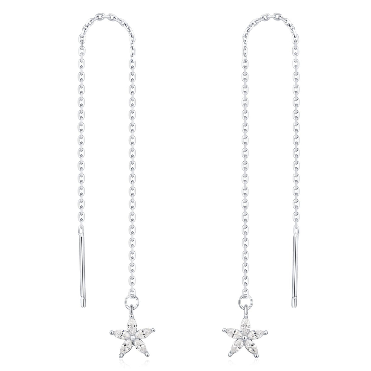 CZ Flower Threader Earrings in Sterling Silver, Silver or Gold, Forget-me-not Floral Ear Threaders, Sparkly CZ Threaders
