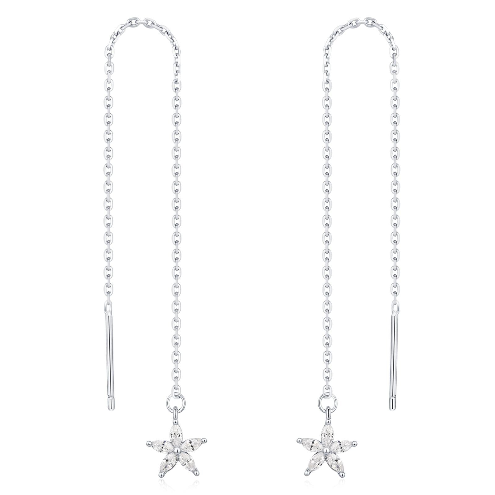 CZ Flower Threader Earrings in Sterling Silver, Silver or Gold, Forget-me-not Floral Ear Threaders, Sparkly CZ Threaders