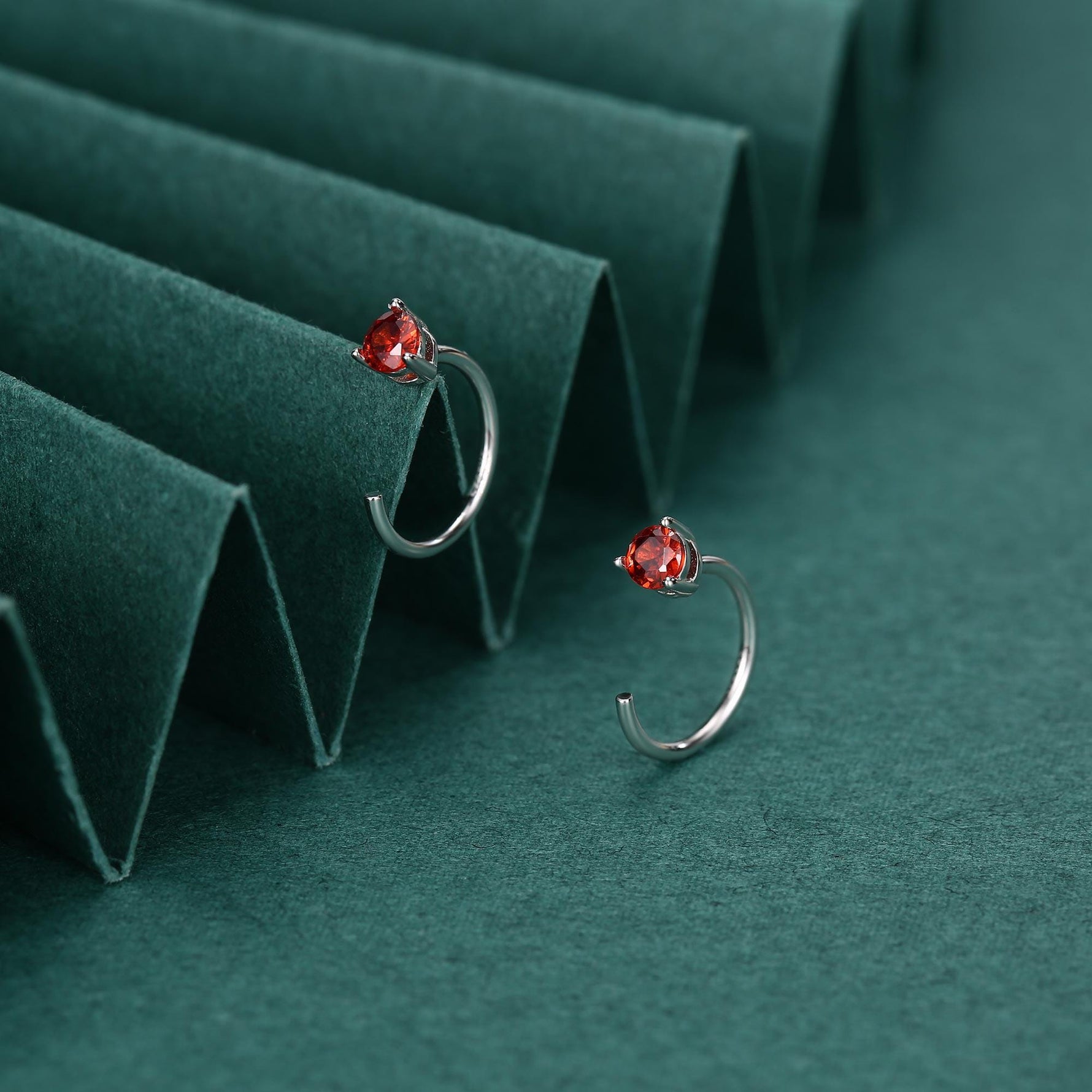 Tiny Garnet Red CZ Huggie Hoop Earrings in Sterling Silver, Red CZ Pull Through Earrings, Half Hoop, Silver or Gold, January Birthstone