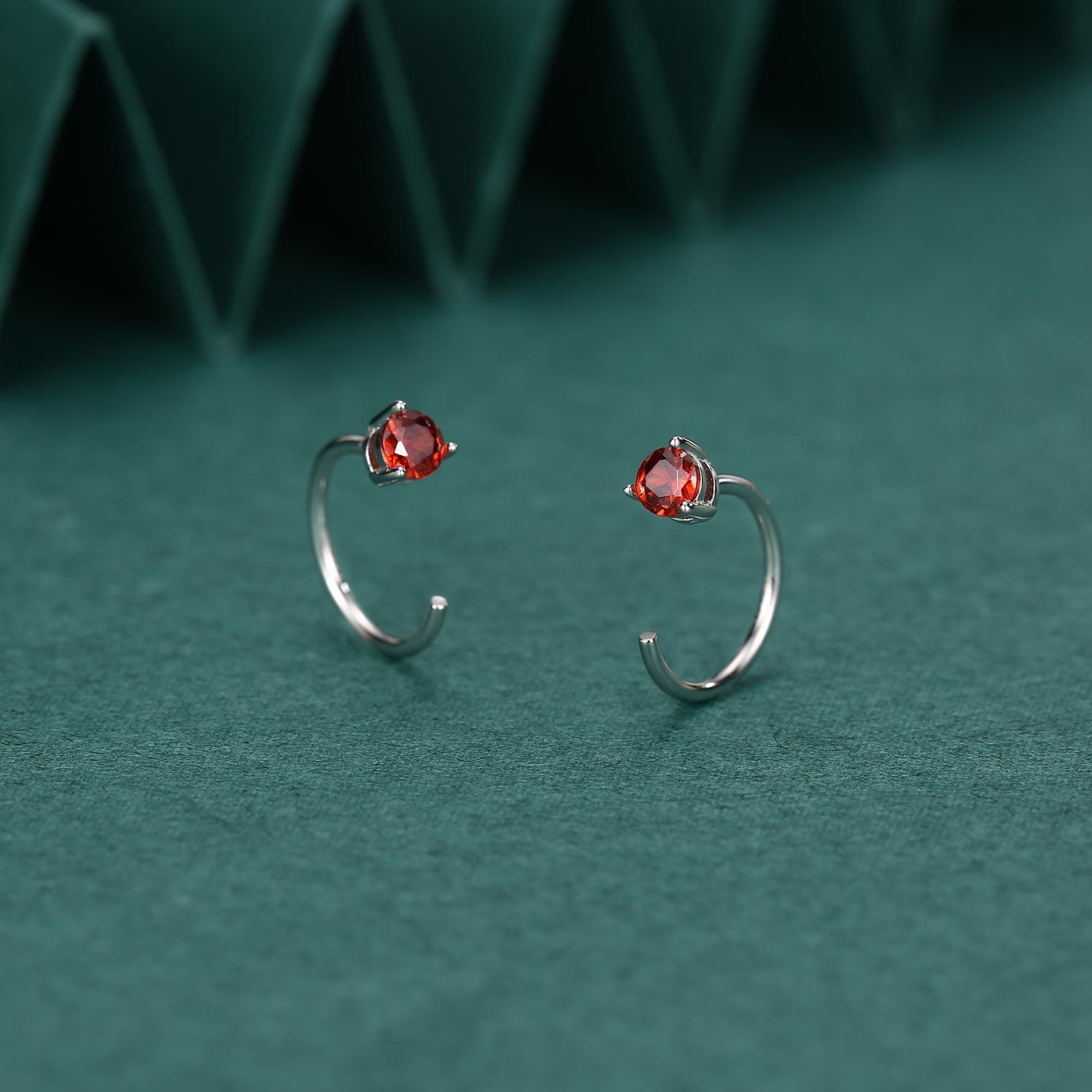 Tiny Garnet Red CZ Huggie Hoop Earrings in Sterling Silver, Red CZ Pull Through Earrings, Half Hoop, Silver or Gold, January Birthstone