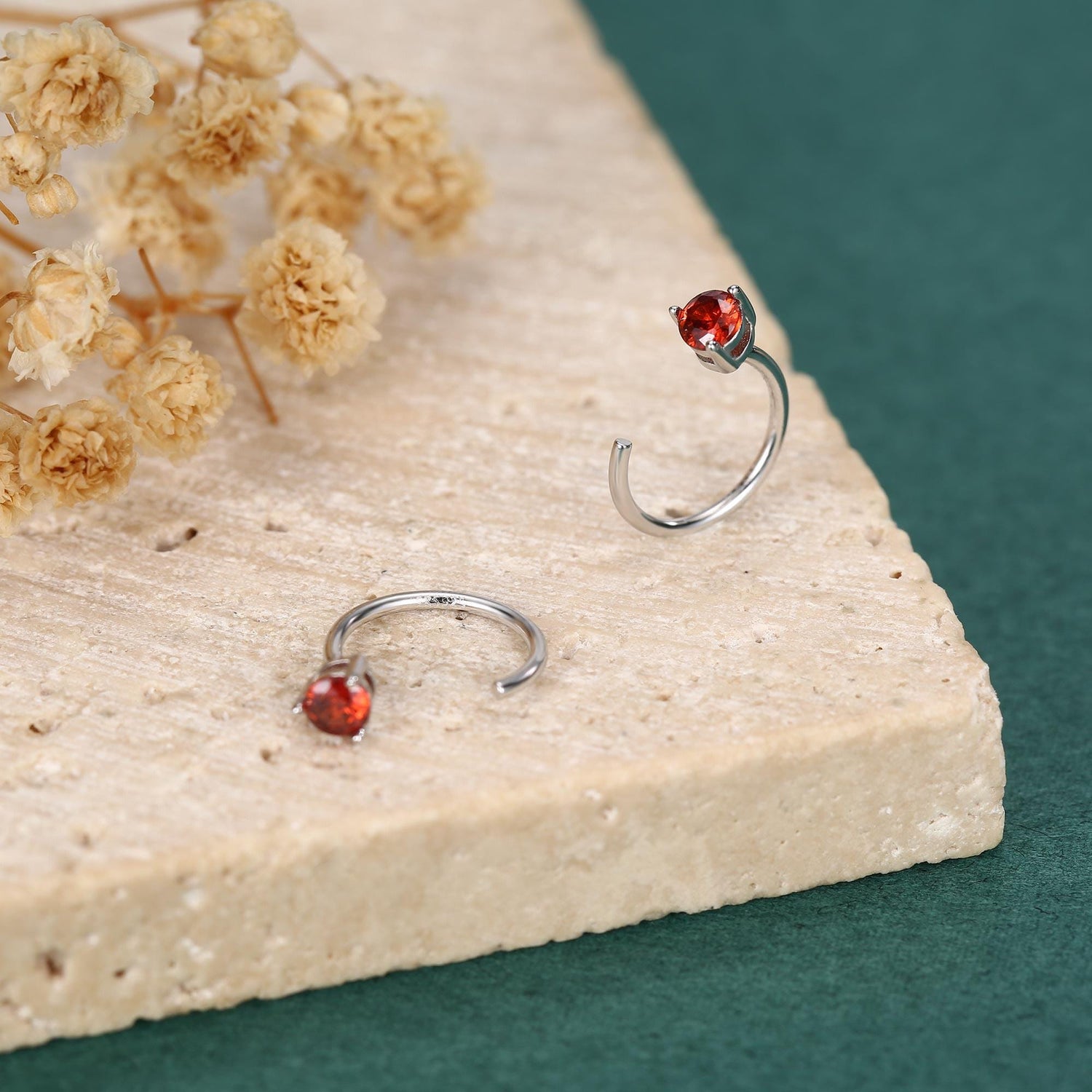 Tiny Garnet Red CZ Huggie Hoop Earrings in Sterling Silver, Red CZ Pull Through Earrings, Half Hoop, Silver or Gold, January Birthstone