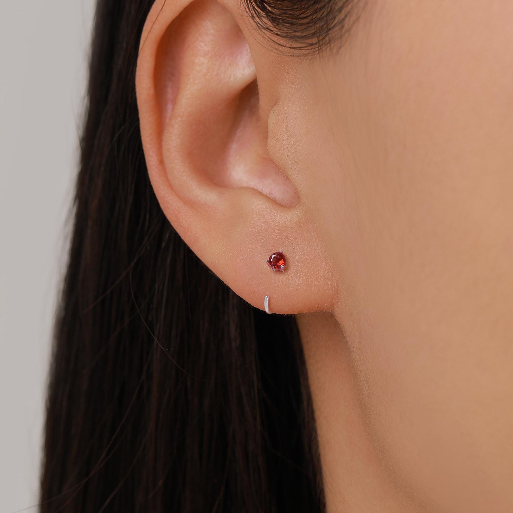 Tiny Garnet Red CZ Huggie Hoop Earrings in Sterling Silver, Red CZ Pull Through Earrings, Half Hoop, Silver or Gold, January Birthstone