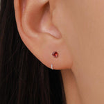 Tiny Garnet Red CZ Huggie Hoop Earrings in Sterling Silver, Red CZ Pull Through Earrings, Half Hoop, Silver or Gold, January Birthstone