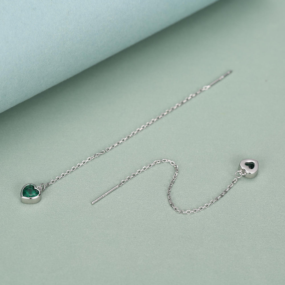 Tiny Emerald Green CZ Heart Threader Earrings in Sterling Silver, 9cm, Silver or Gold , Dainty Heart Ear Threaders, Delicate Heart Threaders