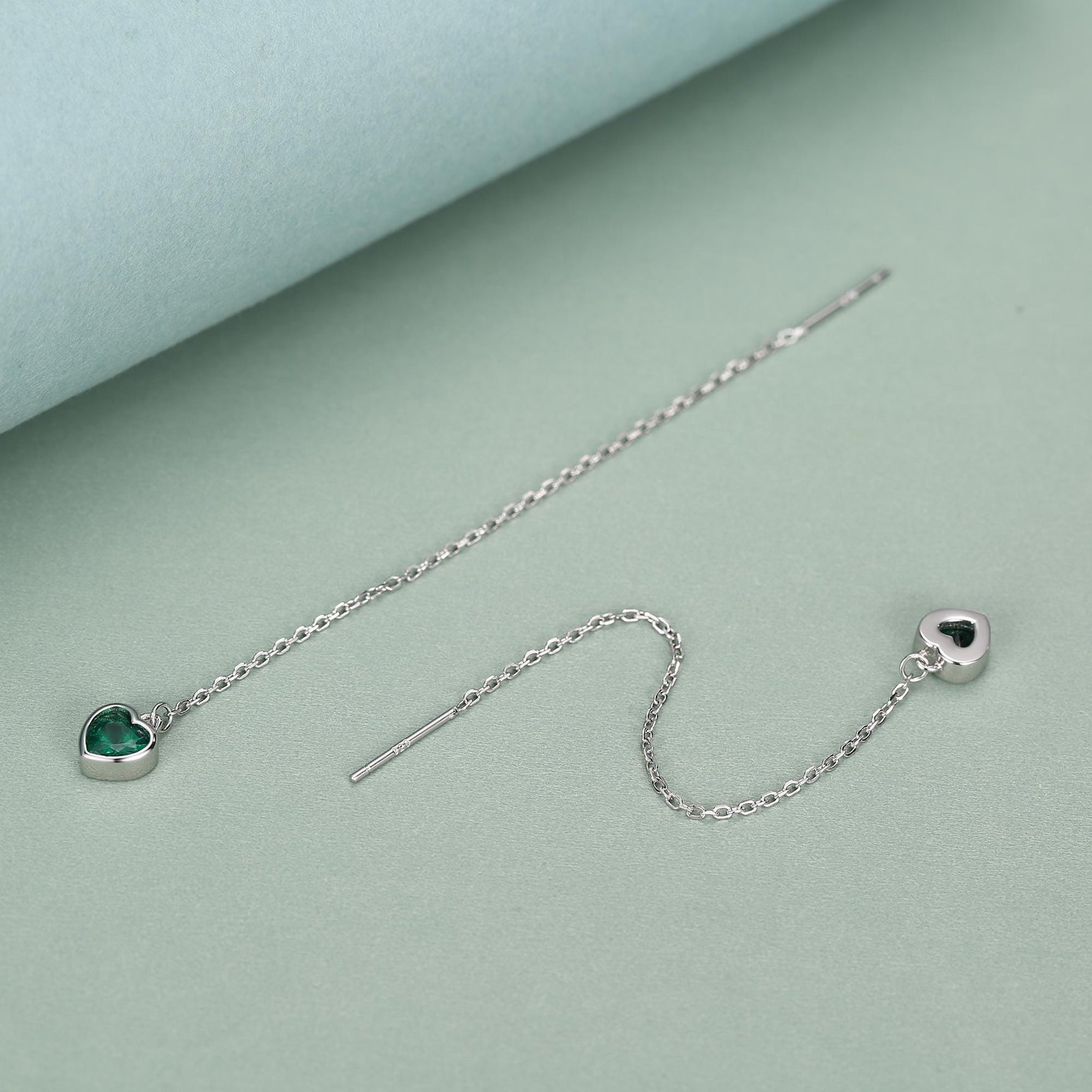 Tiny Emerald Green CZ Heart Threader Earrings in Sterling Silver, 9cm, Silver or Gold , Dainty Heart Ear Threaders, Delicate Heart Threaders