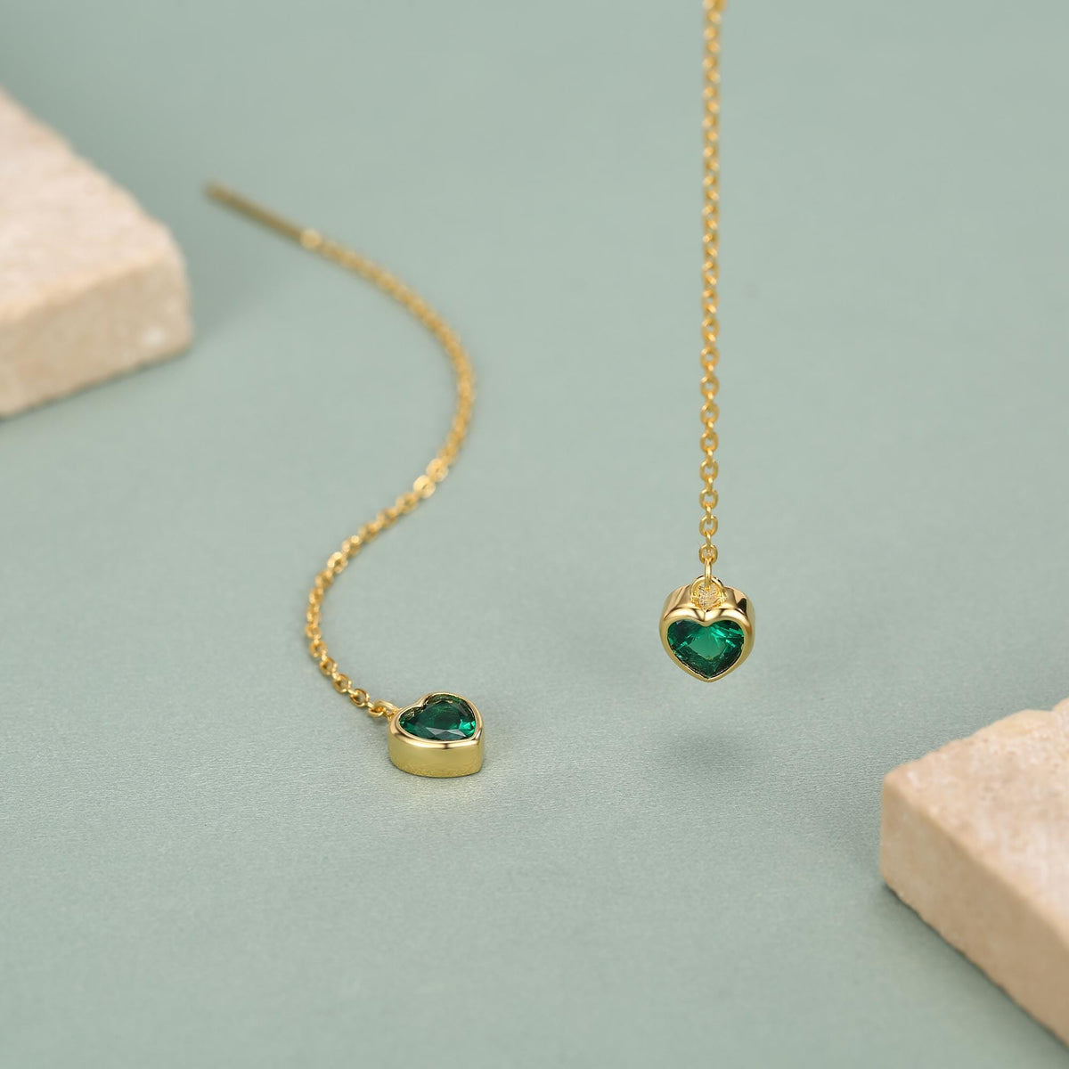 Tiny Emerald Green CZ Heart Threader Earrings in Sterling Silver, 9cm, Silver or Gold , Dainty Heart Ear Threaders, Delicate Heart Threaders