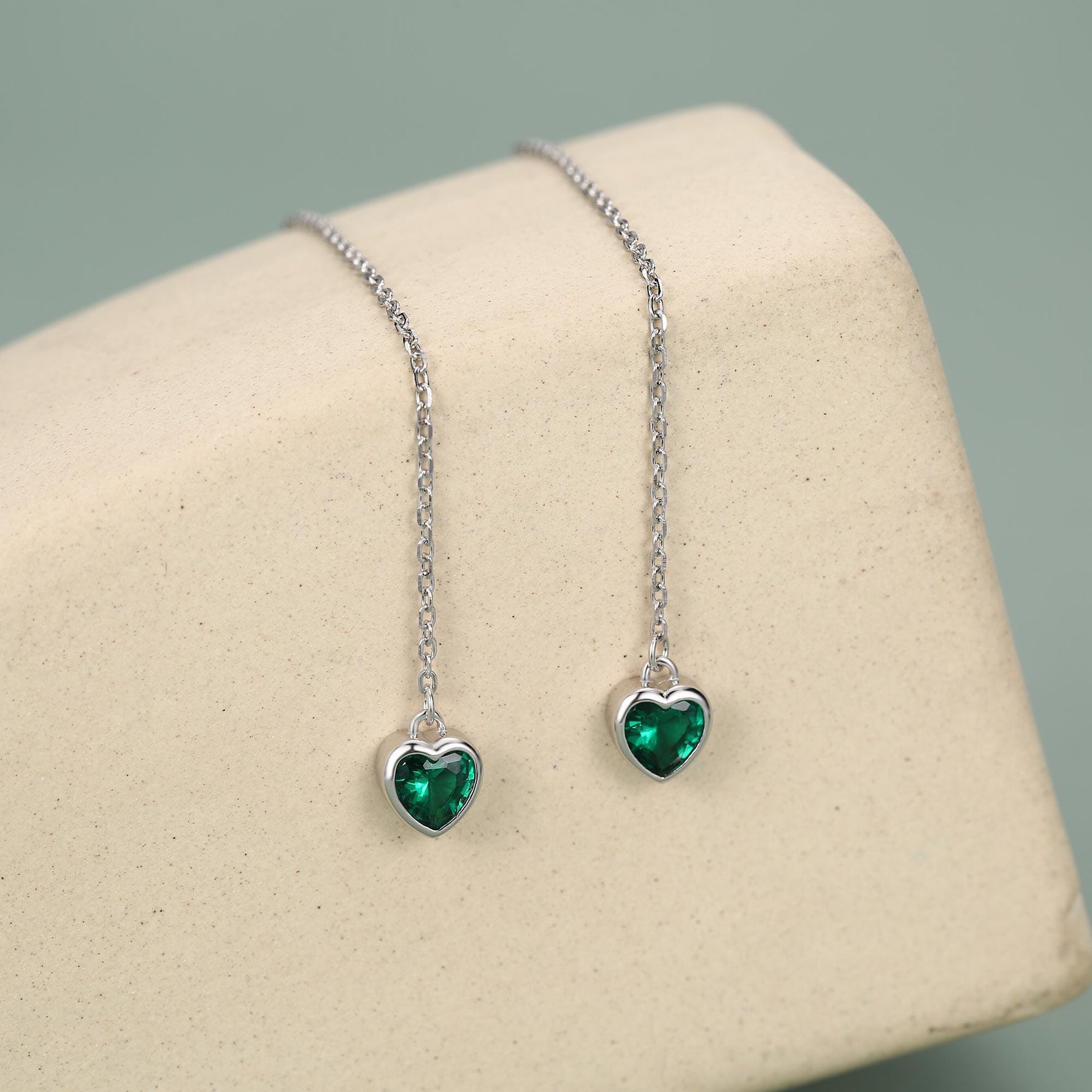 Tiny Emerald Green CZ Heart Threader Earrings in Sterling Silver, 9cm, Silver or Gold , Dainty Heart Ear Threaders, Delicate Heart Threaders