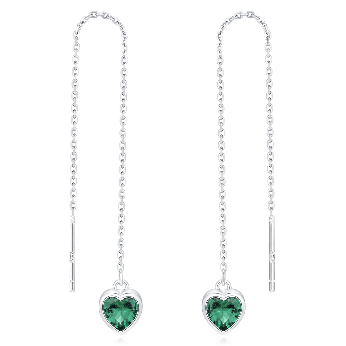 Tiny Emerald Green CZ Heart Threader Earrings in Sterling Silver, 9cm, Silver or Gold , Dainty Heart Ear Threaders, Delicate Heart Threaders