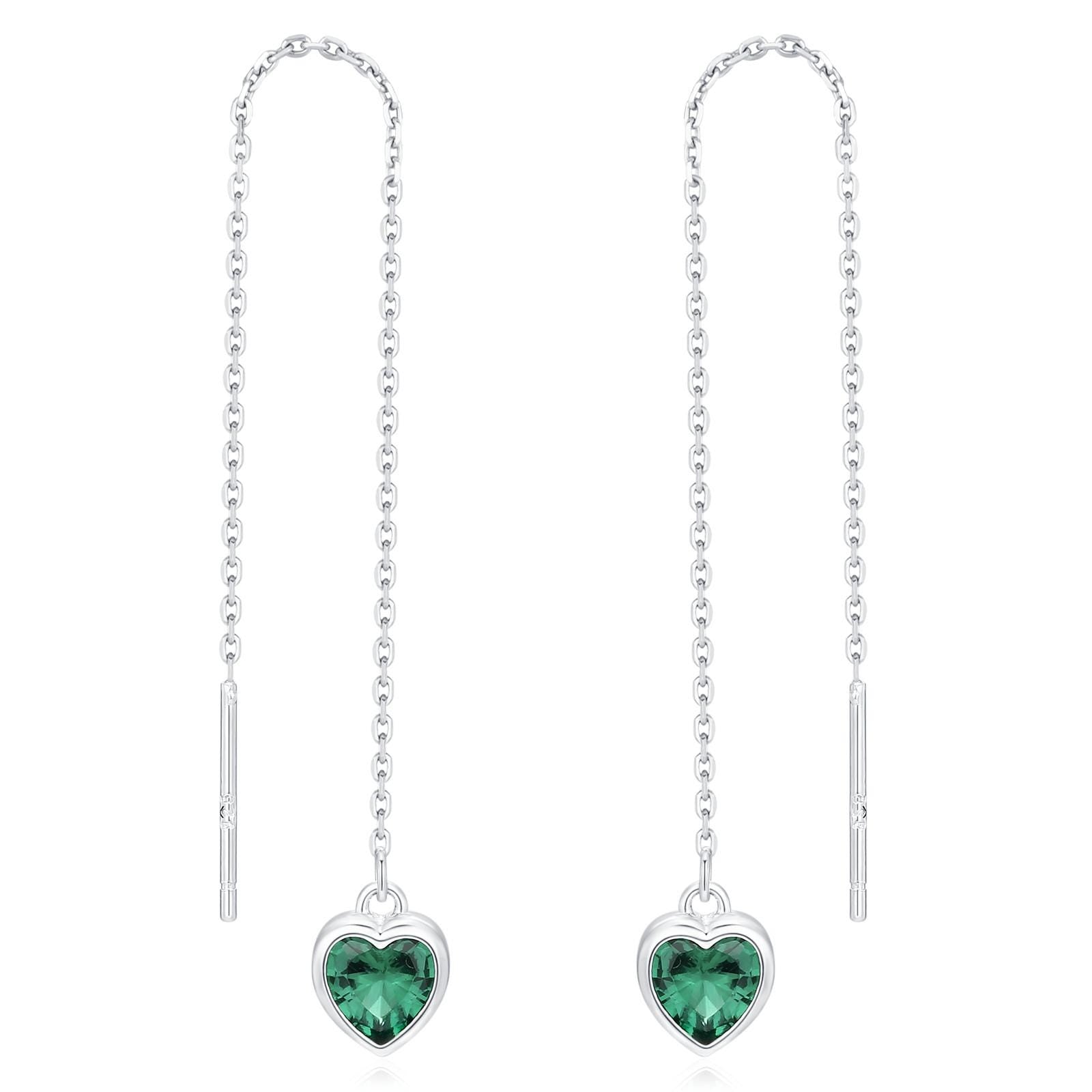 Tiny Emerald Green CZ Heart Threader Earrings in Sterling Silver, 9cm, Silver or Gold , Dainty Heart Ear Threaders, Delicate Heart Threaders