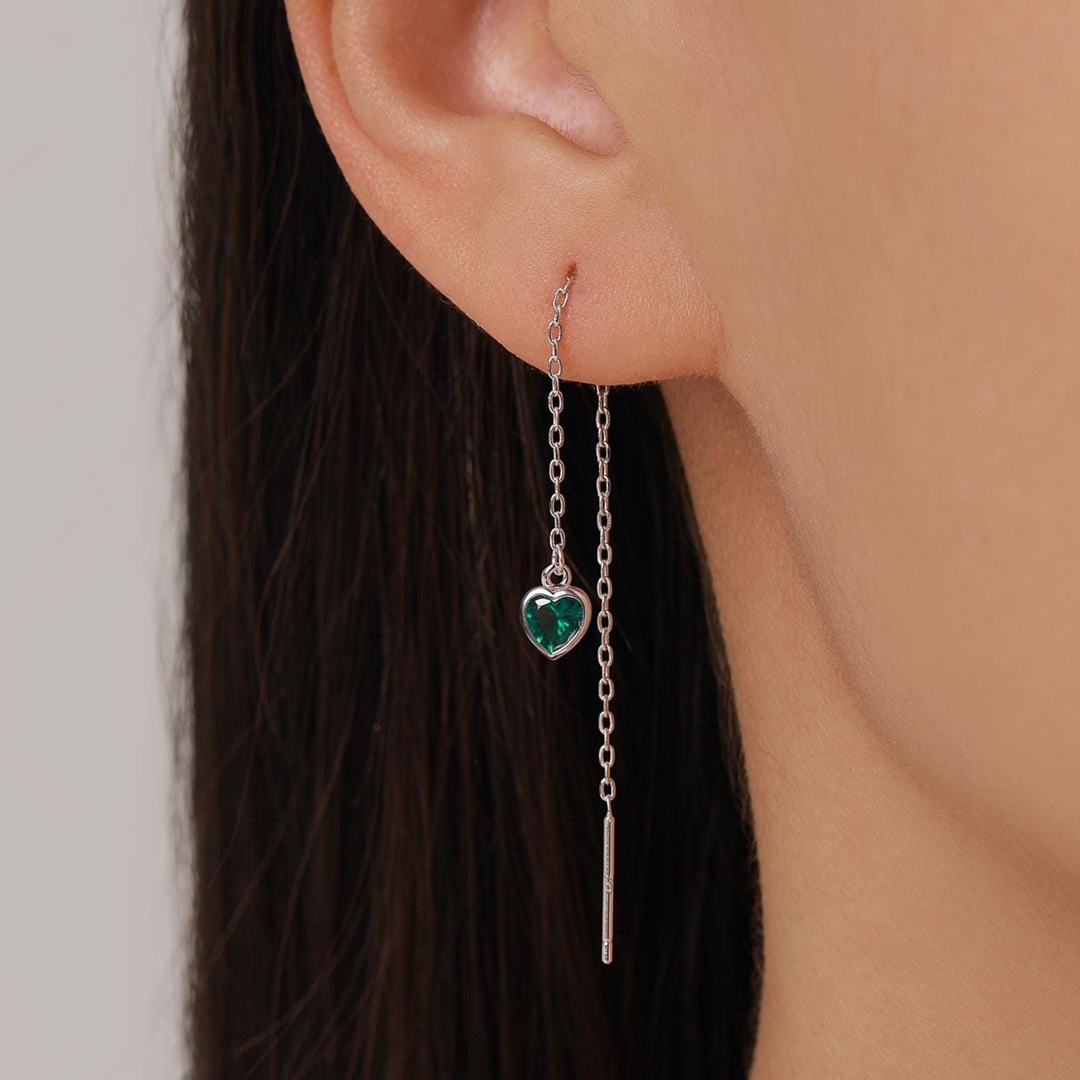 Tiny Emerald Green CZ Heart Threader Earrings in Sterling Silver, 9cm, Silver or Gold , Dainty Heart Ear Threaders, Delicate Heart Threaders