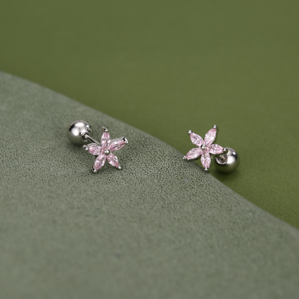 Sterling Silver Tourmaline Pink CZ Flower 18G Screw Back Earrings