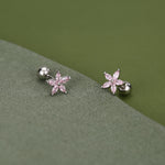 Sterling Silver Tourmaline Pink CZ Flower 18G Screw Back Earrings