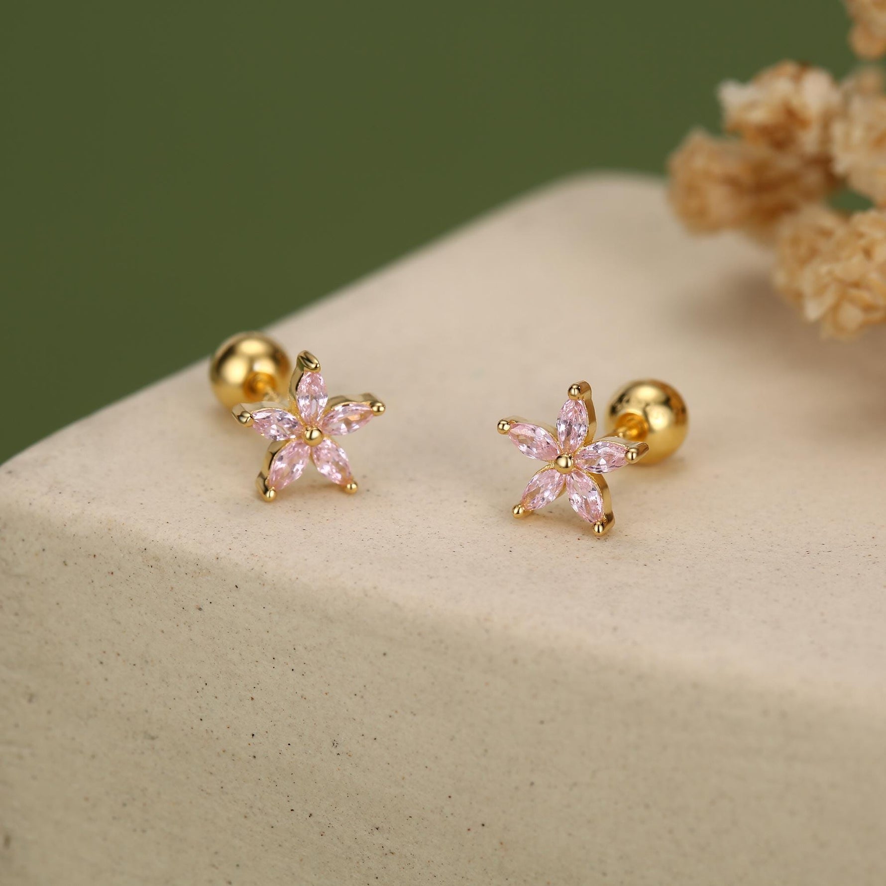 Sterling Silver Tourmaline Pink CZ Flower 18G Screw Back Earrings