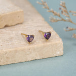 Tiny Amethyst Purple CZ Heart Stud Earrings in Sterling Silver, Silver or Gold, Diamond CZ Crystal Heart Earrings, Stacking Earrings
