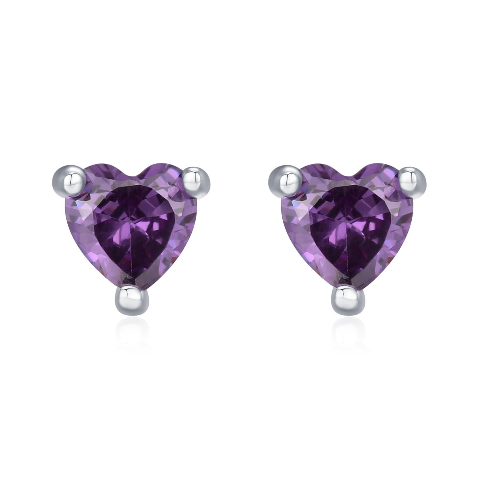 Tiny Amethyst Purple CZ Heart Stud Earrings in Sterling Silver, Silver or Gold, Diamond CZ Crystal Heart Earrings, Stacking Earrings