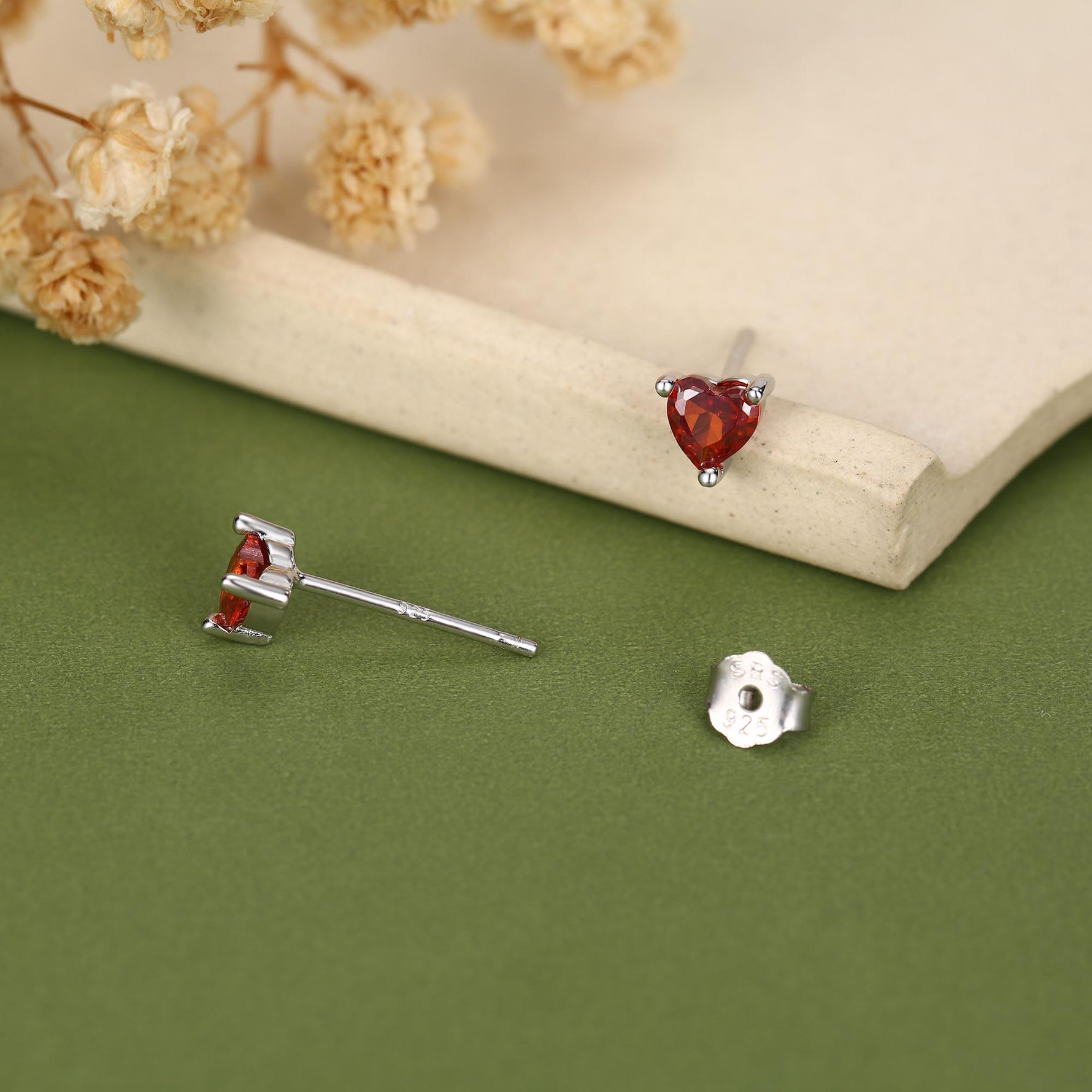 Tiny Garnet Red CZ Heart Stud Earrings in Sterling Silver, Silver or Gold, Red Crystal Heart Earrings, Stacking Earrings