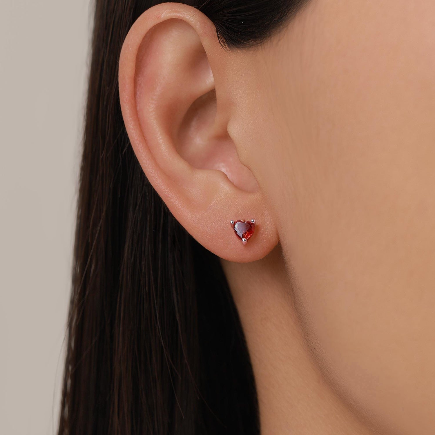 Tiny Garnet Red CZ Heart Stud Earrings in Sterling Silver, Silver or Gold, Red Crystal Heart Earrings, Stacking Earrings
