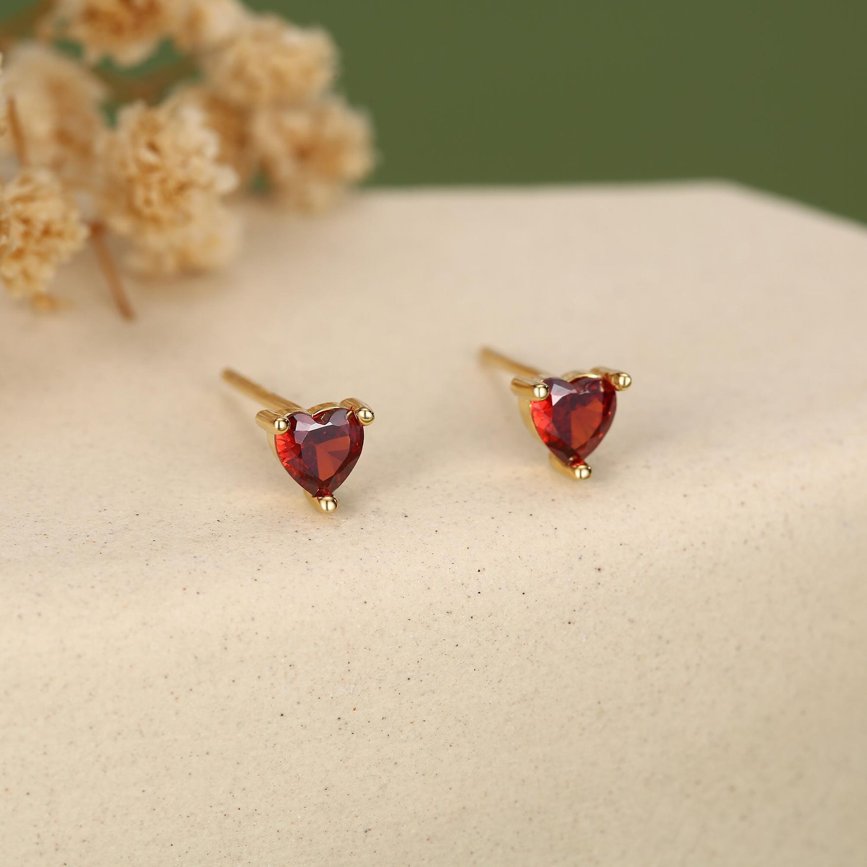 Tiny Garnet Red CZ Heart Stud Earrings in Sterling Silver, Silver or Gold, Red Crystal Heart Earrings, Stacking Earrings