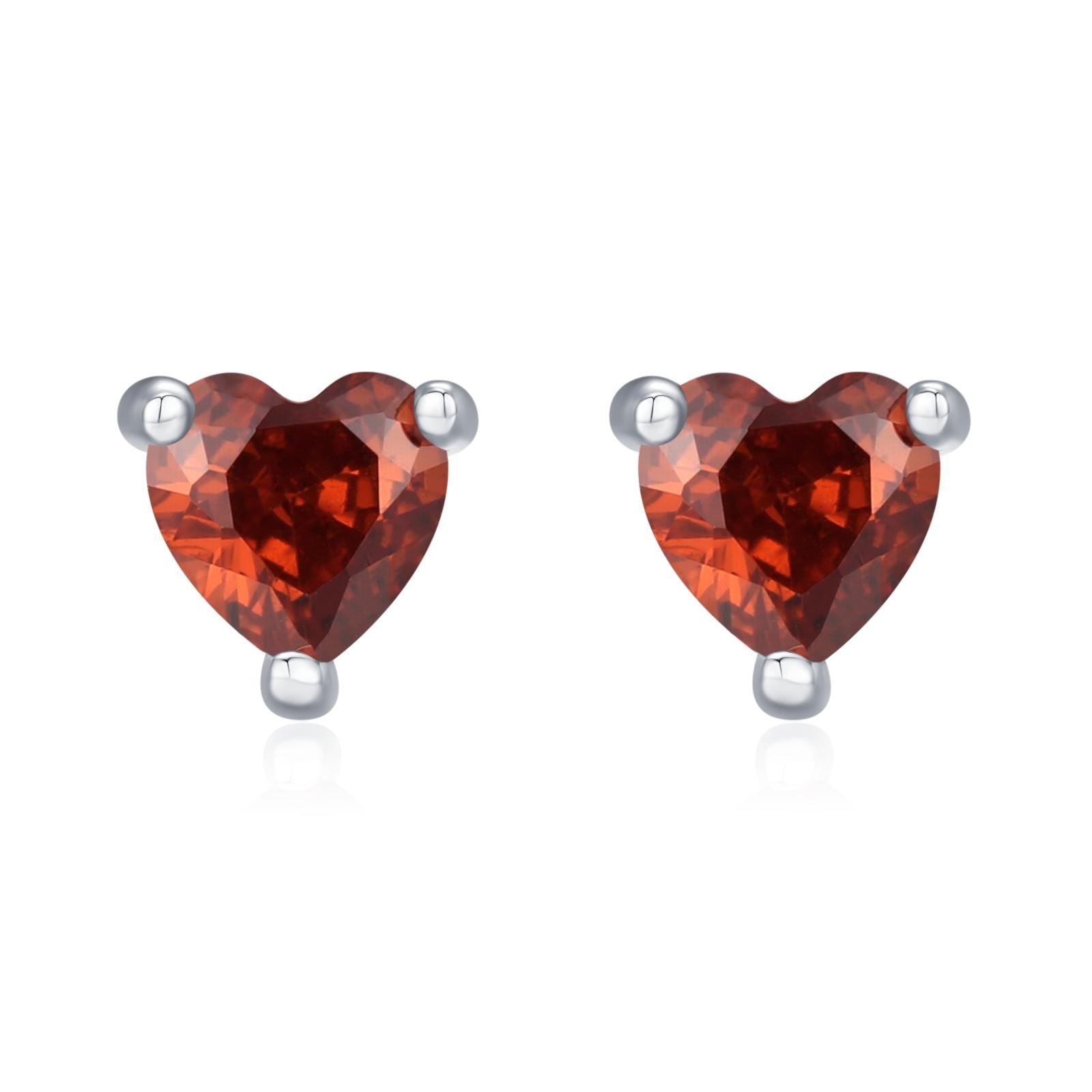 Tiny Garnet Red CZ Heart Stud Earrings in Sterling Silver, Silver or Gold, Red Crystal Heart Earrings, Stacking Earrings