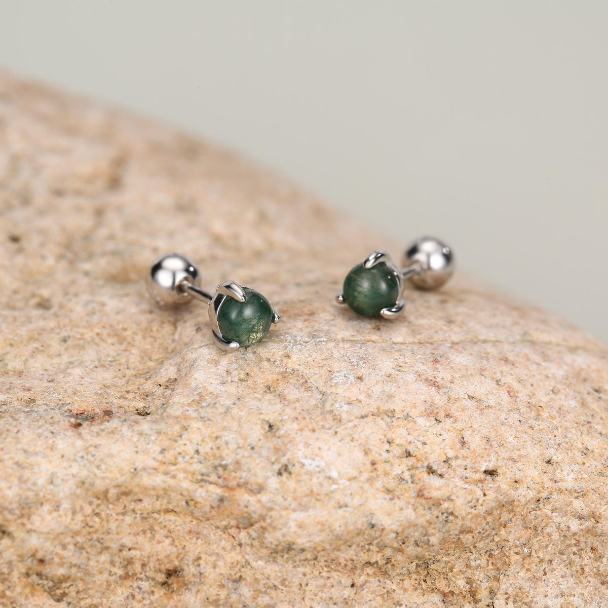 Sterling Silver Moss Agate 18G Screw Back Earrings