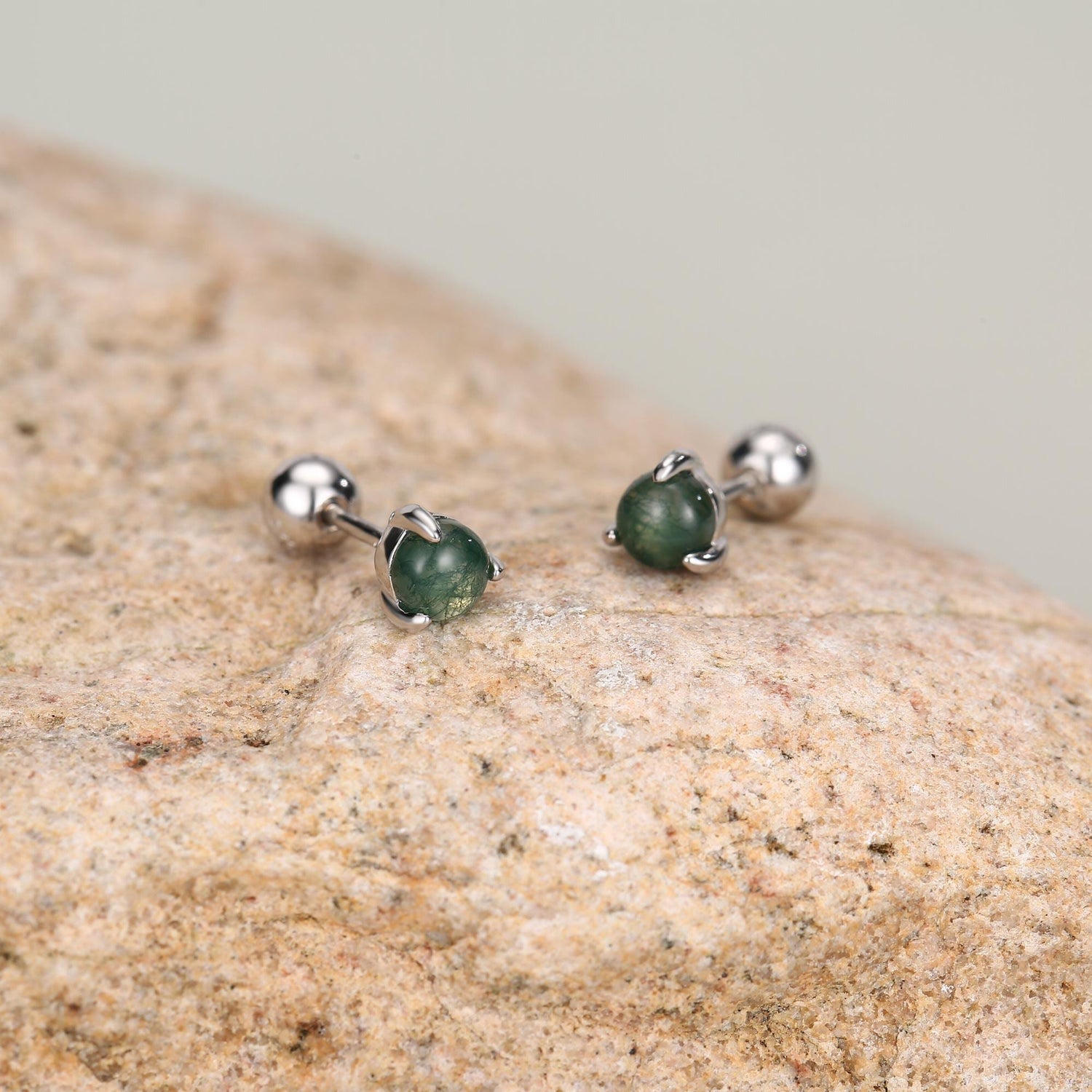Sterling Silver Moss Agate 18G Screw Back Earrings