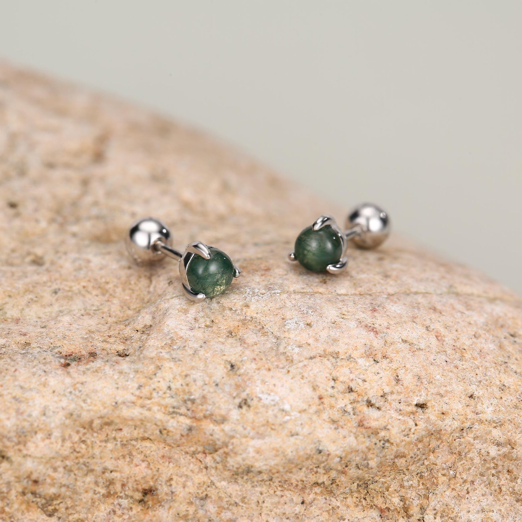Sterling Silver Moss Agate 18G Screw Back Earrings