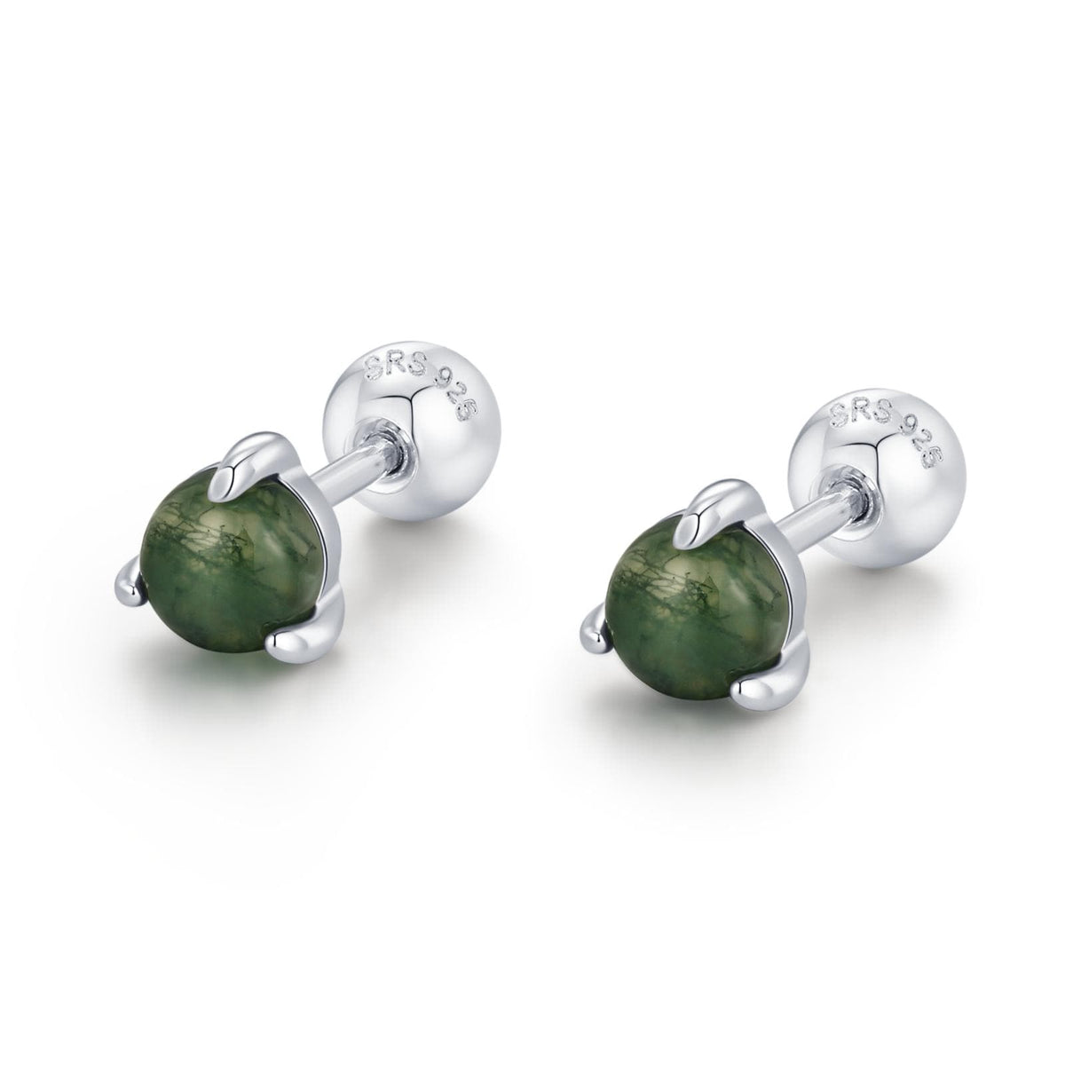Sterling Silver Moss Agate 18G Screw Back Earrings