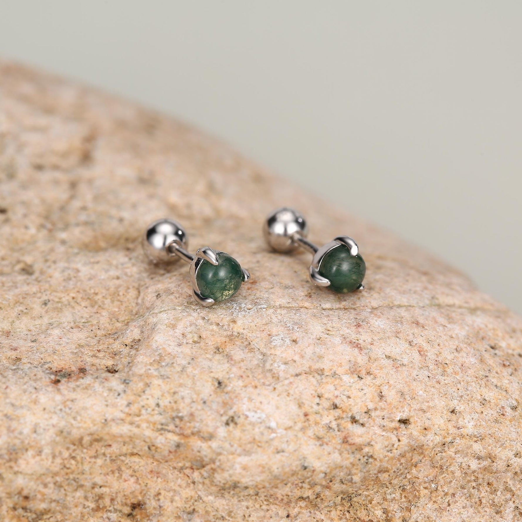 Sterling Silver Moss Agate 18G Screw Back Earrings