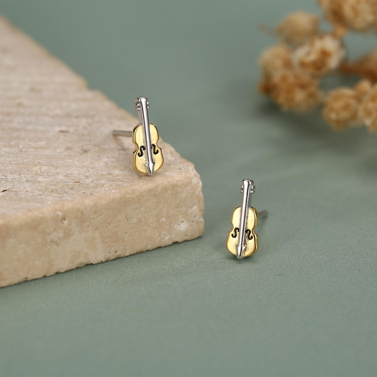 Tiny Violin Stud Earrings in Sterling Silver, Silver or Gold, Music Earrings