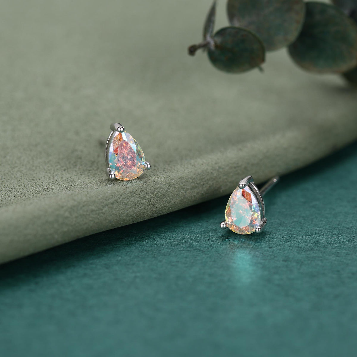 Sterling Silver Aurora AB CZ Droplet Stud Earrings, Pear Cut Aurora Colour Changing CZ Earrings