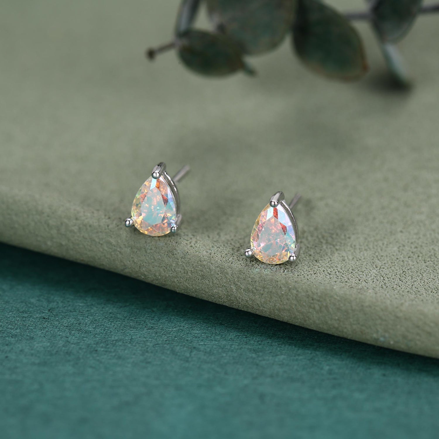Sterling Silver Aurora AB CZ Droplet Stud Earrings, Pear Cut Aurora Colour Changing CZ Earrings