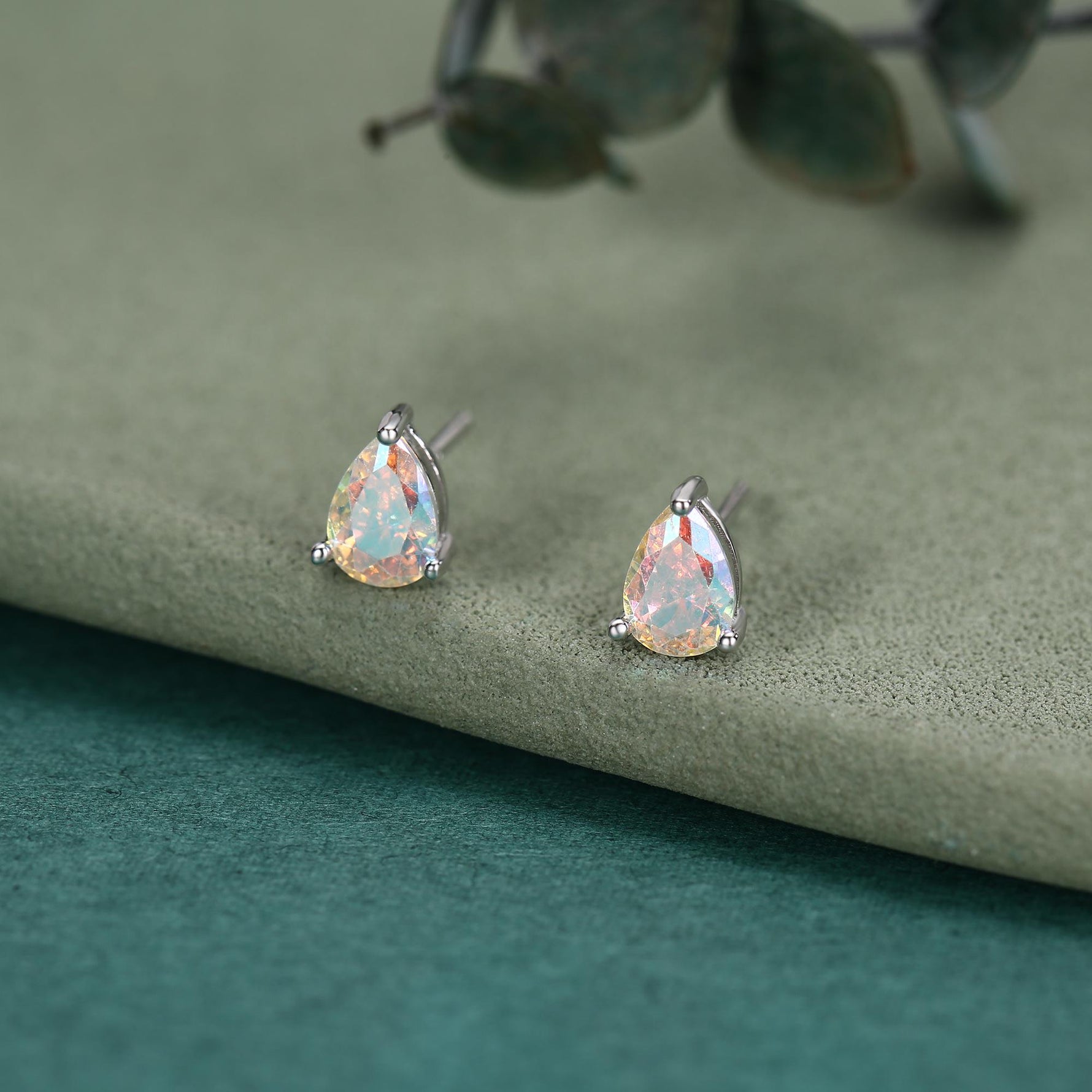 Sterling Silver Aurora AB CZ Droplet Stud Earrings, Pear Cut Aurora Colour Changing CZ Earrings