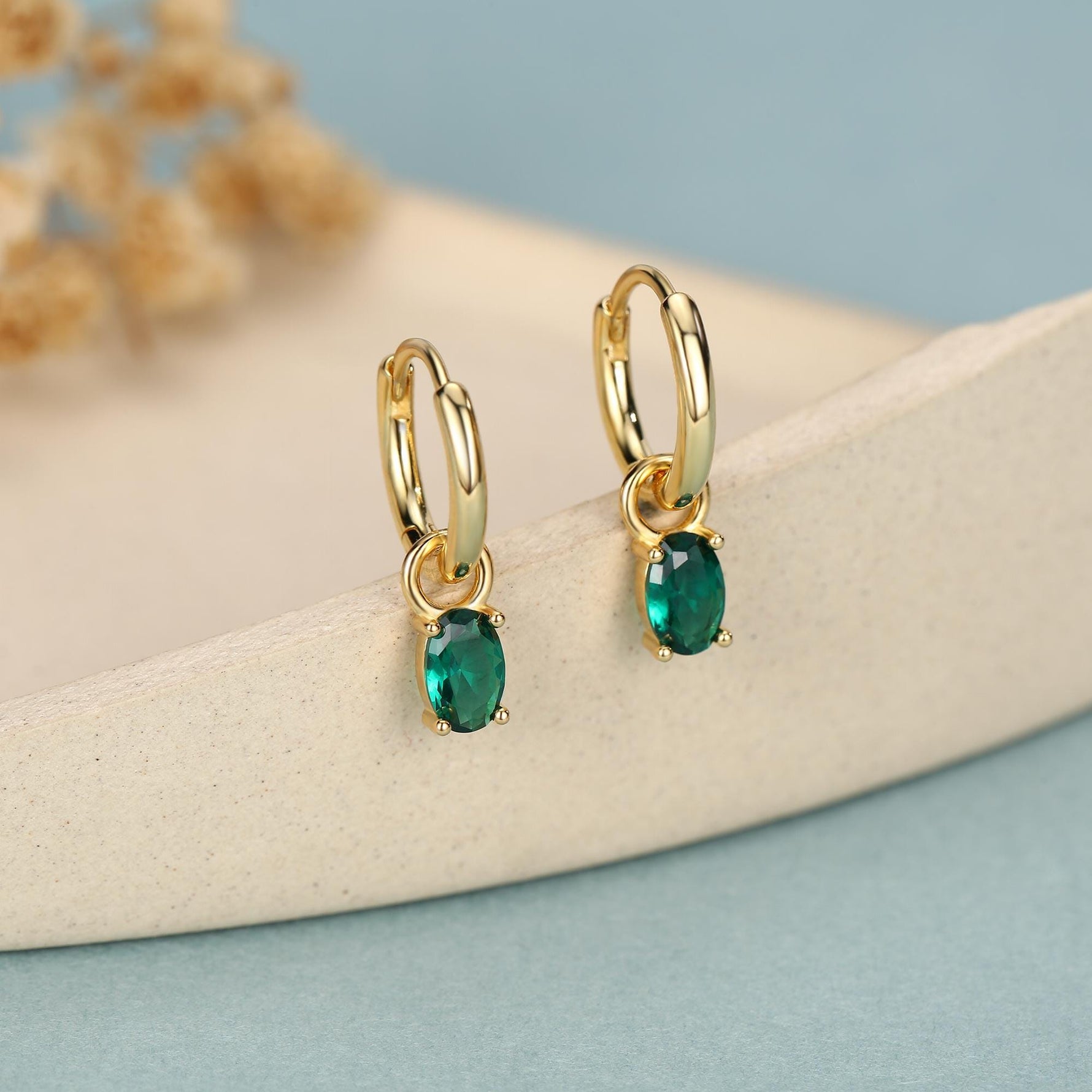 Oval Emerald Green CZ Huggie Hoop in Sterling Silver, Silver or Gold, Minimalist Simple Hoop Earrings, Detachable and Interchangeable
