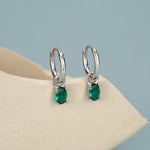 Oval Emerald Green CZ Huggie Hoop in Sterling Silver, Silver or Gold, Minimalist Simple Hoop Earrings, Detachable and Interchangeable