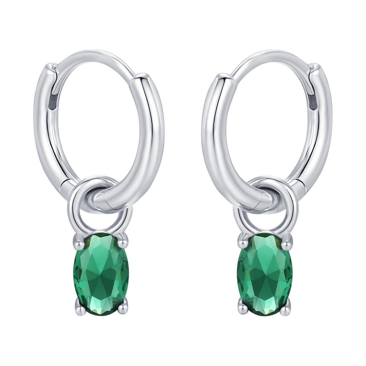 Oval Emerald Green CZ Huggie Hoop in Sterling Silver, Silver or Gold, Minimalist Simple Hoop Earrings, Detachable and Interchangeable