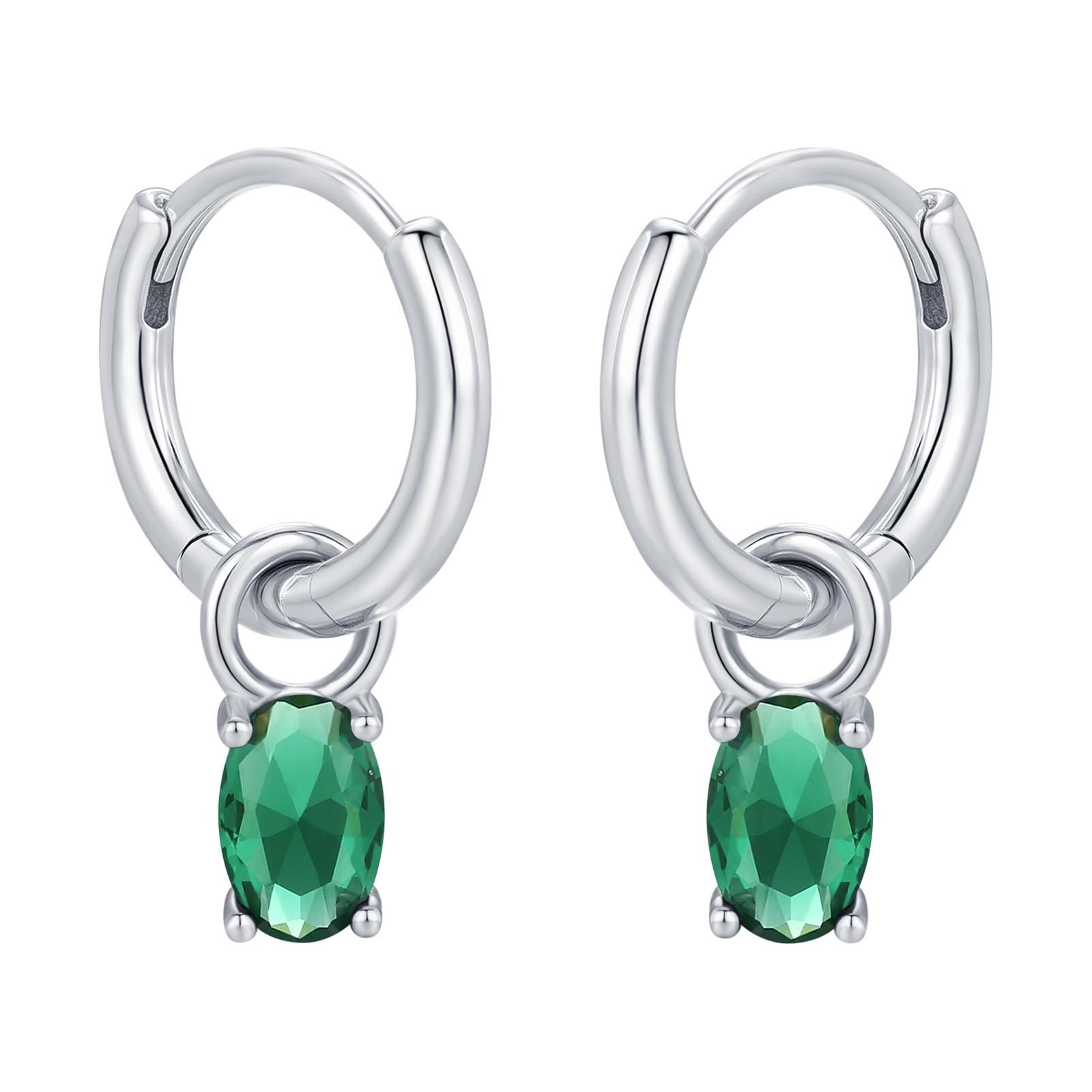 Oval Emerald Green CZ Huggie Hoop in Sterling Silver, Silver or Gold, Minimalist Simple Hoop Earrings, Detachable and Interchangeable