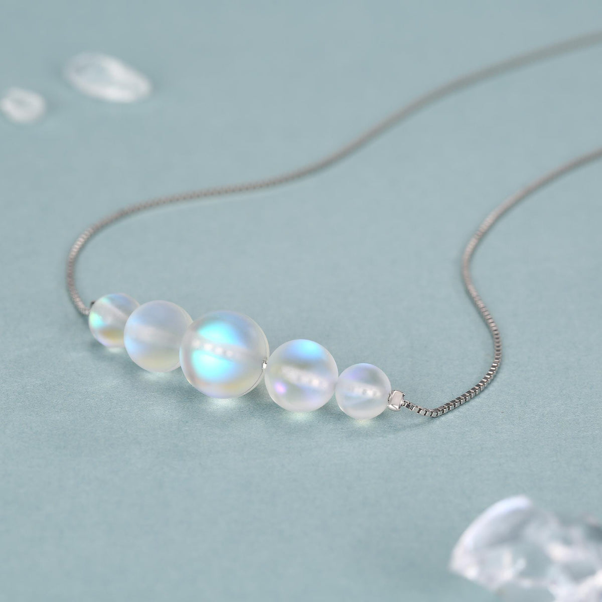 Aurora Crystal Beaded Necklace in Sterling Silver, Northern Lights Necklace with Blue Flash Simulated Moonstone