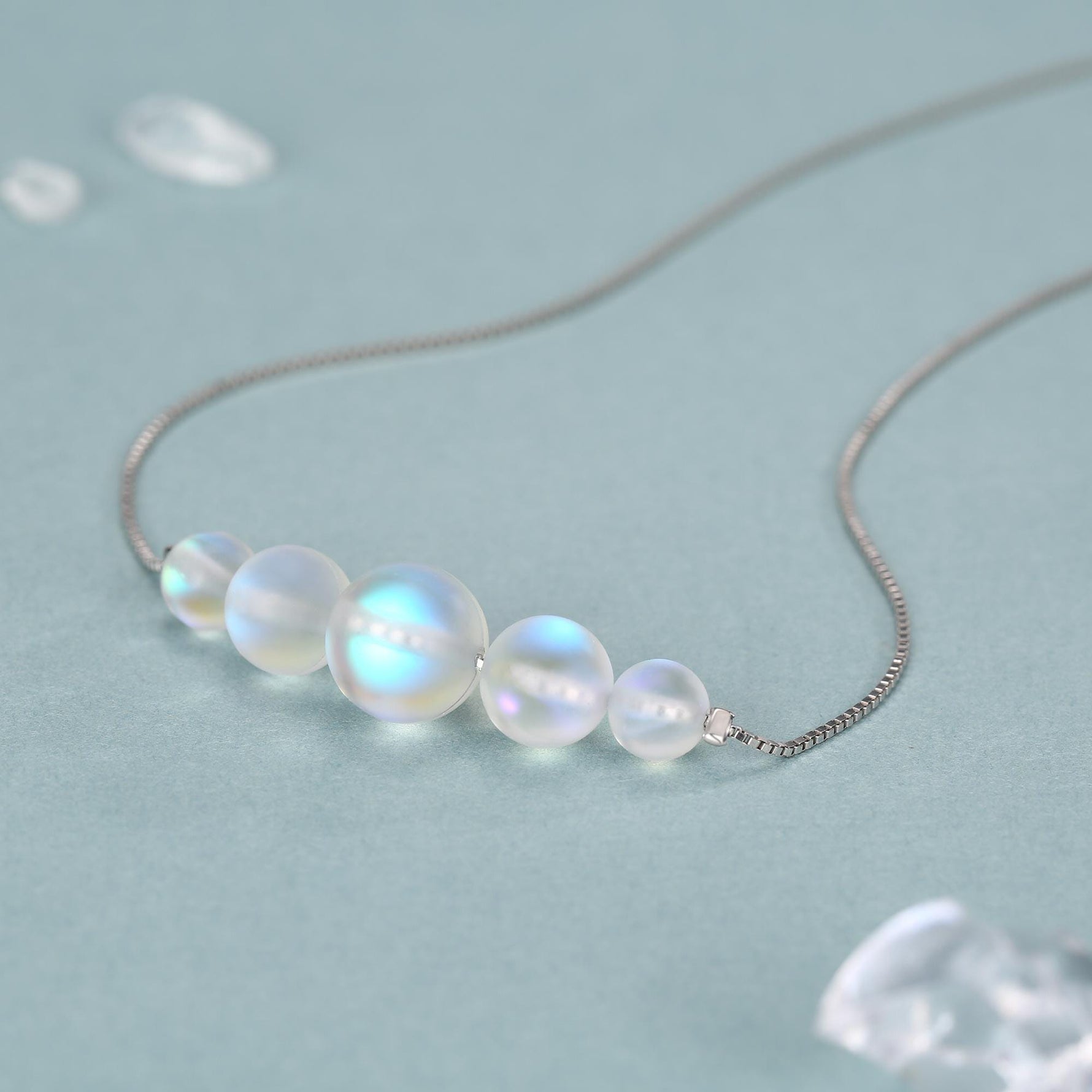 Aurora Crystal Beaded Necklace in Sterling Silver, Northern Lights Necklace with Blue Flash Simulated Moonstone