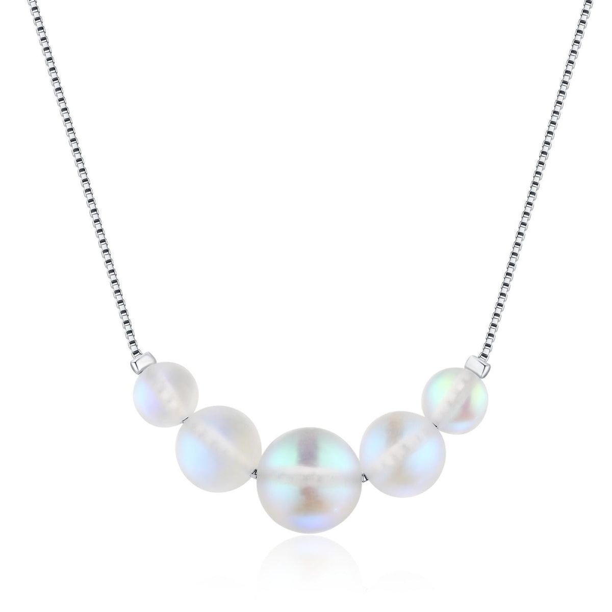Aurora Crystal Beaded Necklace in Sterling Silver, Northern Lights Necklace with Blue Flash Simulated Moonstone