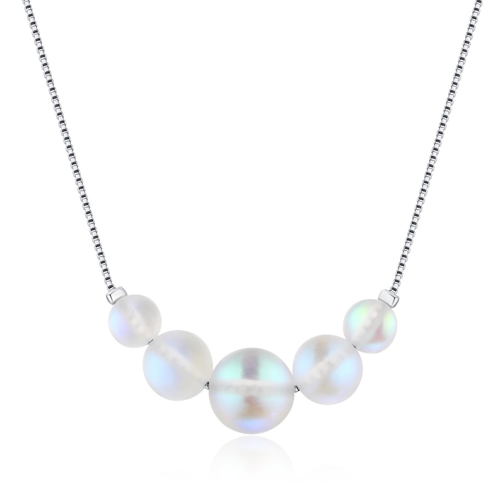 Aurora Crystal Beaded Necklace in Sterling Silver, Northern Lights Necklace with Blue Flash Simulated Moonstone