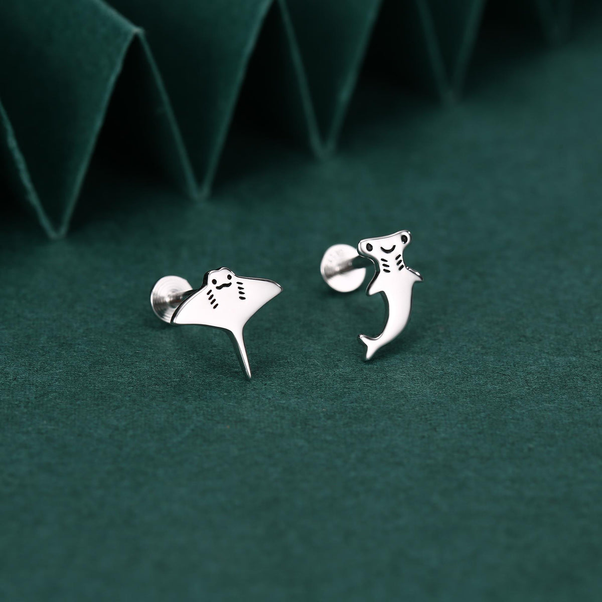 Mismatched Kawaii Hammerhead Shark & Manta Ray 16G Internally Threaded Flat Back Earrings in Sterling Silver, Animal Earrings