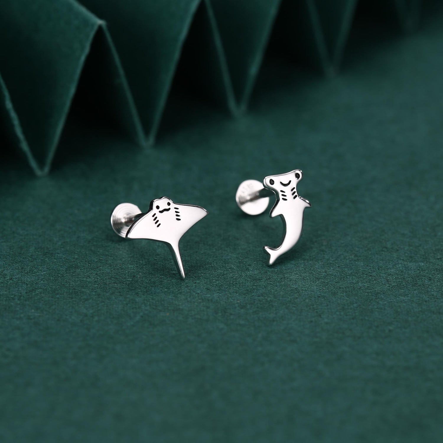 Mismatched Kawaii Hammerhead Shark & Manta Ray 16G Internally Threaded Flat Back Earrings in Sterling Silver, Animal Earrings