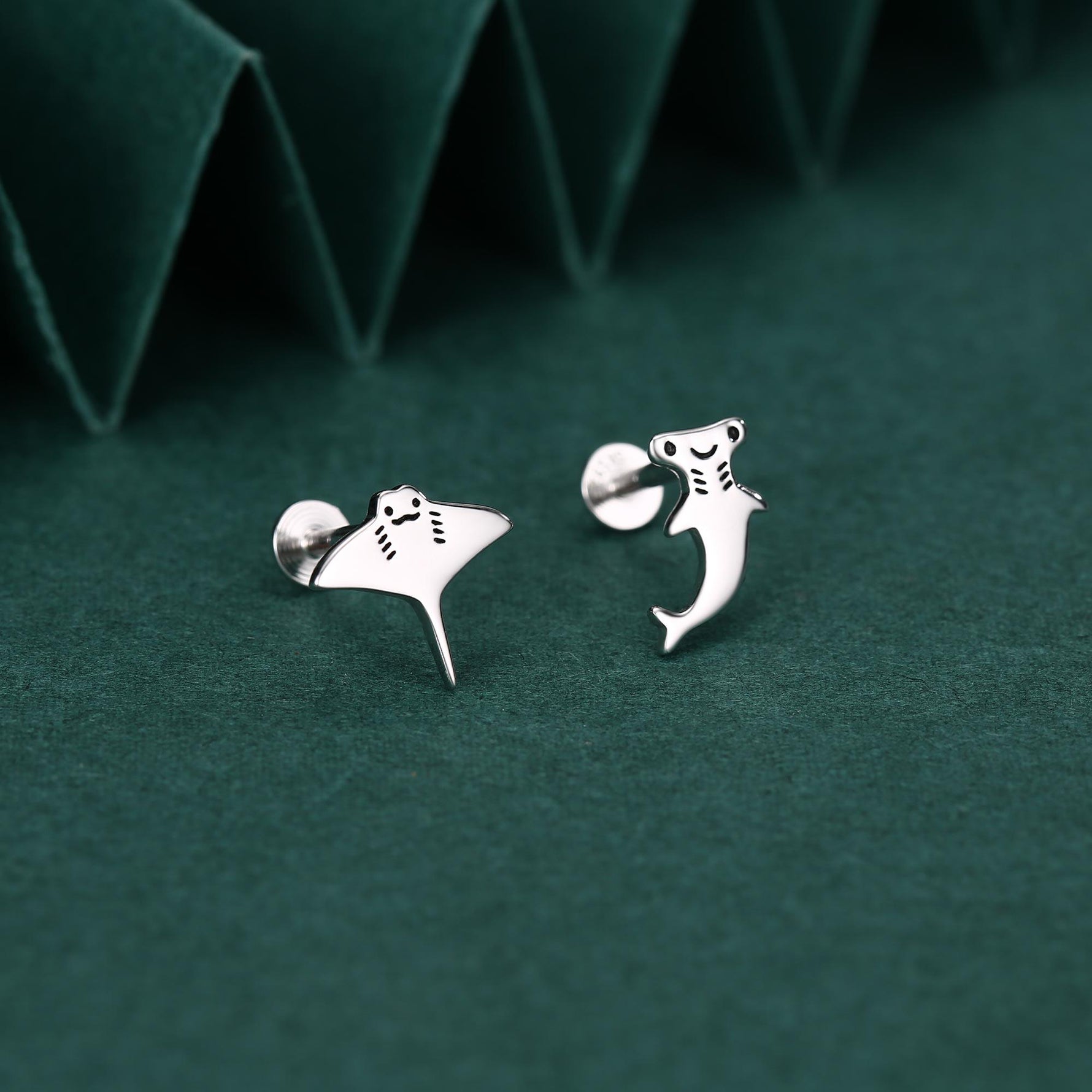 Mismatched Kawaii Hammerhead Shark & Manta Ray 16G Internally Threaded Flat Back Earrings in Sterling Silver, Animal Earrings