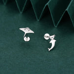 Mismatched Kawaii Hammerhead Shark & Manta Ray 16G Internally Threaded Flat Back Earrings in Sterling Silver, Animal Earrings