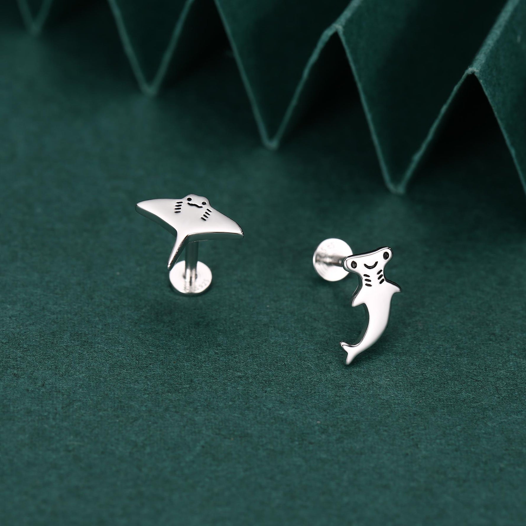 Mismatched Kawaii Hammerhead Shark & Manta Ray 16G Internally Threaded Flat Back Earrings in Sterling Silver, Animal Earrings