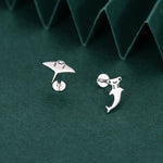 Mismatched Kawaii Hammerhead Shark & Manta Ray 16G Internally Threaded Flat Back Earrings in Sterling Silver, Animal Earrings